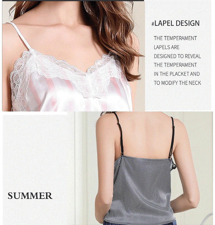 2020 New Lace Trim Satin Cami Striped Flared Shorts Loose Pajama Set Sexy Pajamas for Women