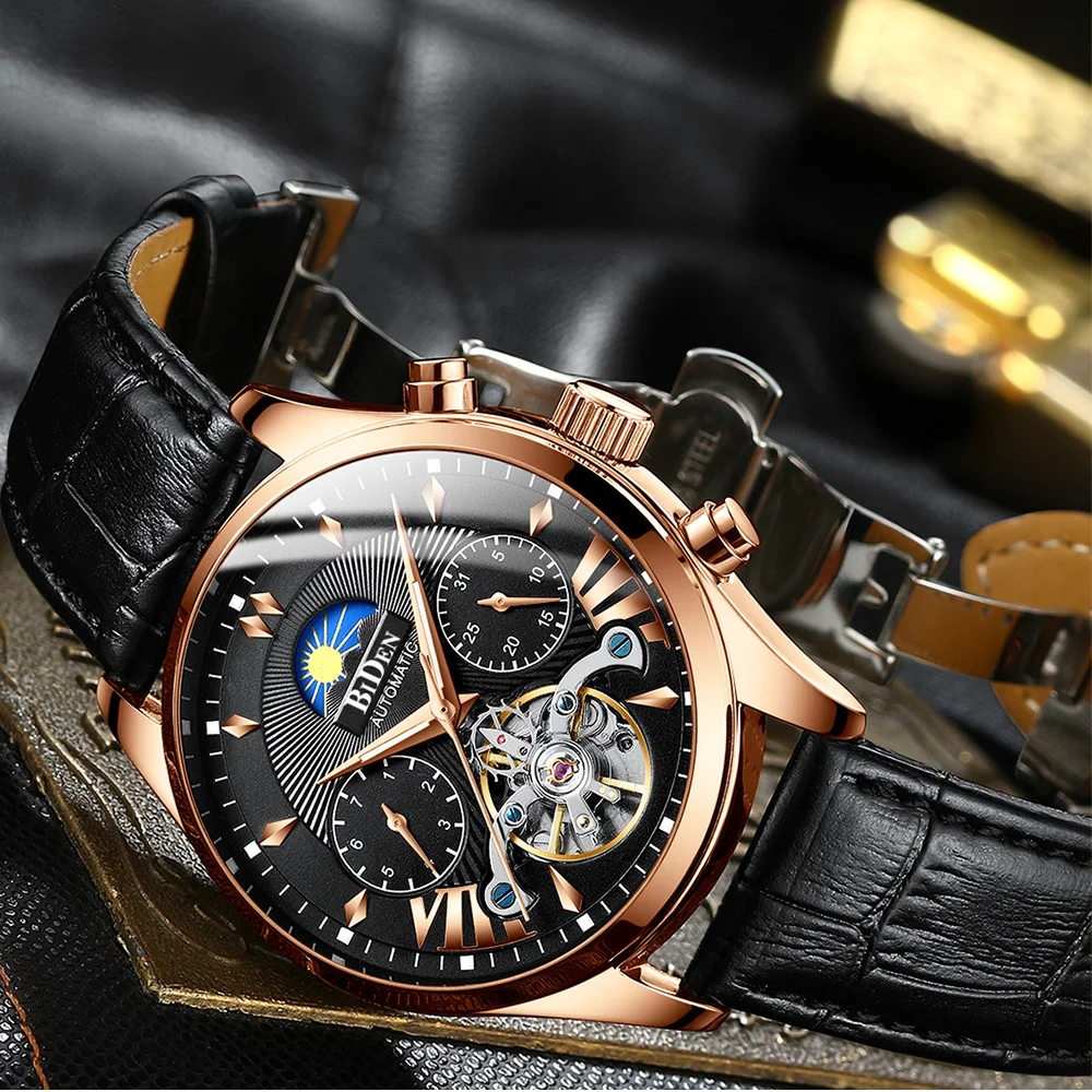 Мужские часы автоматические механические мужские золотые черные деловые