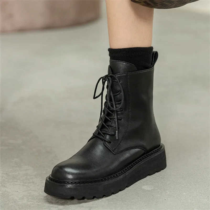 

ANNYMOLI Real Leather Flats Platform Ankle Boots Motorcycle Boots Women Shoes Zip Lace Up Round Toe Short Boots Female Black 40