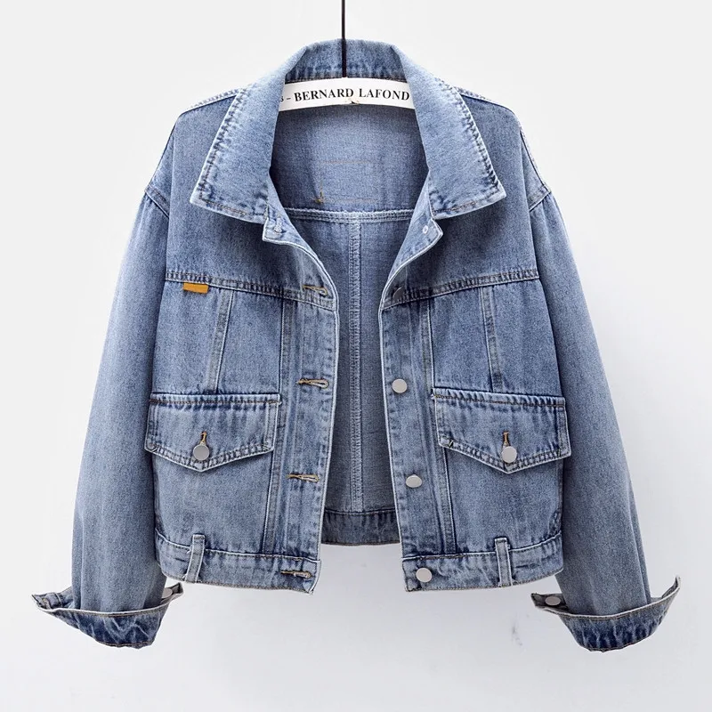 

Куртка женская джинсовая в Корейском стиле, винтажная верхняя одежда синего цвета, свободная короткая джинсовая куртка с большими карманам...