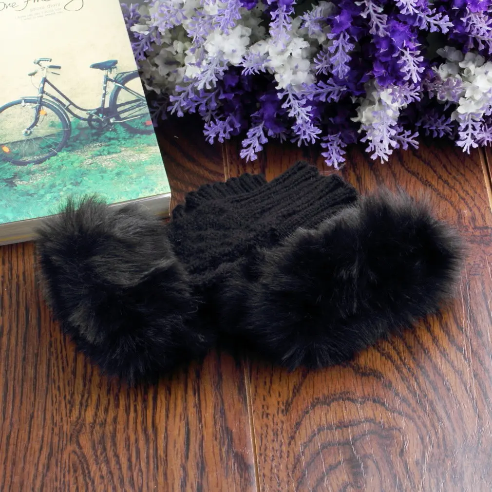 

Women Fingerless Gloves Cute Faux Rabbit Fur Knitted Gloves Female Winter Knitting Warmer Wrist Hand Gloves Mitten
