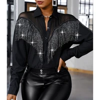 women patchwork lapel button shirts fashion long sleeve black blouse elegant office sequin shiny tassel streetwear casual bluse