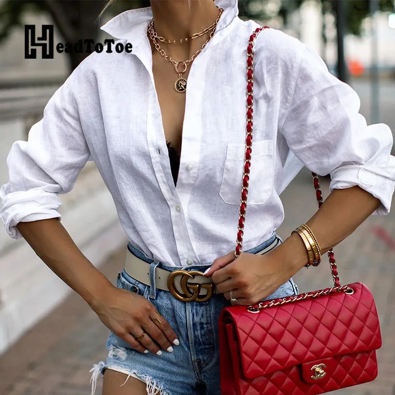 

Solid Pocket Casual OL Brief Tops Woman Long Sleeveturn Down Collar Shirts Women