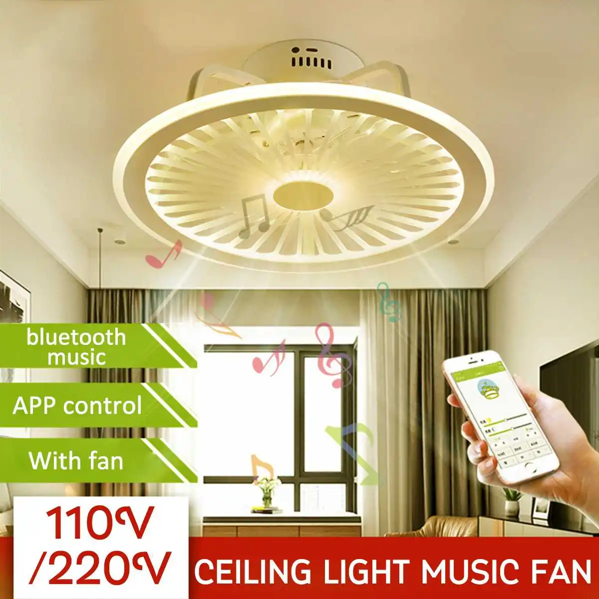 

110/220v Bluetooth Music Speaker Light Ceiling fan with light LED lamp App remote Control light dimmable cool/neutral/warm light