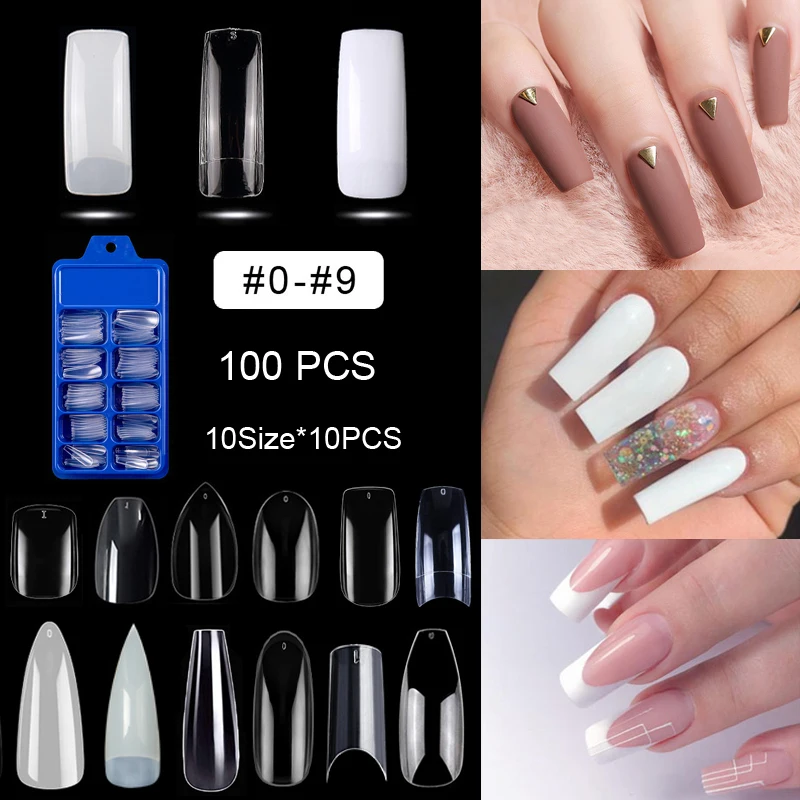 

100 Pieces Per Box 10 Size Long Square Shape Half Cover False Nail Tips Fake Long Nails Nail Acrylic Fake Nails Set Manicure