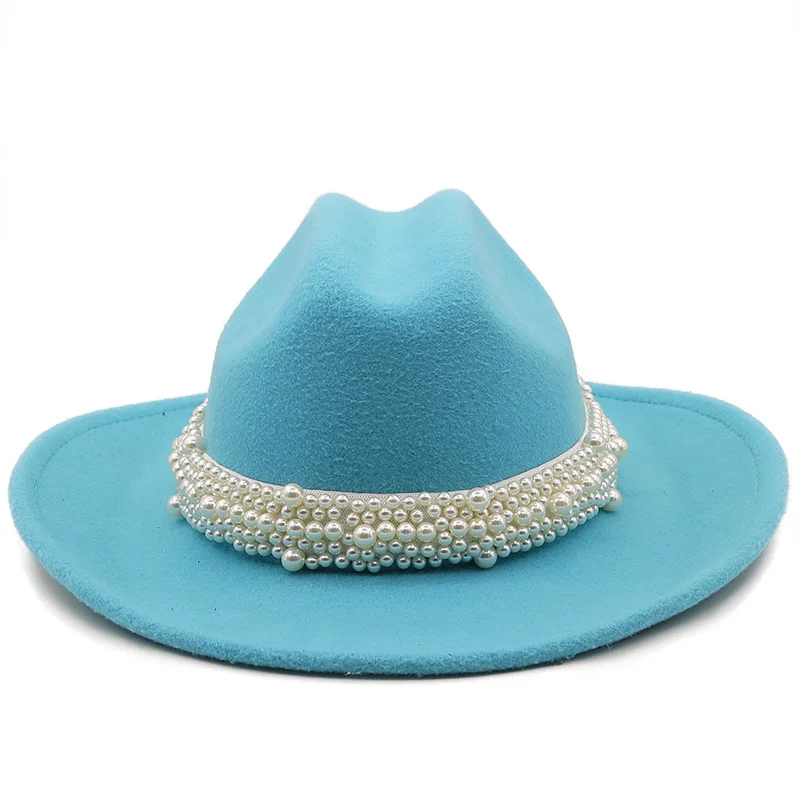 Wide Brim Simple Church Derby Top Hat Panama Solid Felt Fedoras Hat with Pearl for Women artificial wool Blend Jazz Cap