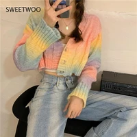 fall 2021 knitted cardigan button up korean cute sweaters cropped cardigan women kawaii crop sweater knitting top streetwear