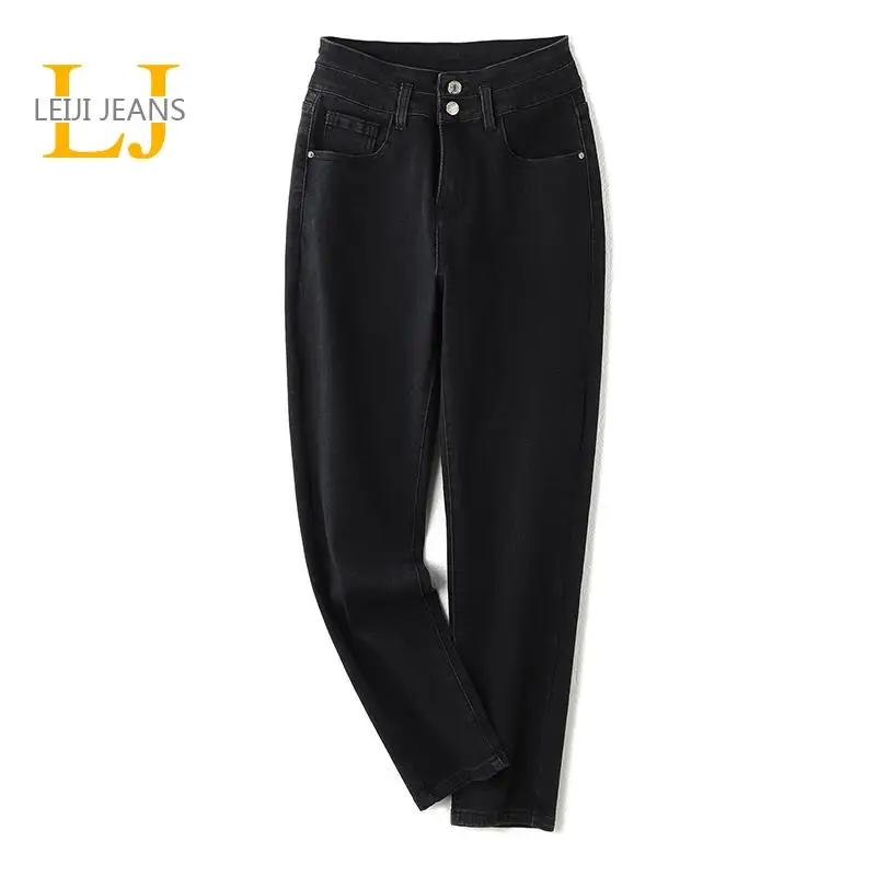 

2021 LEIJIJEANS Winter women harem jeans black high waisted Plus Size full length denim jean for woman 6XL 100 kgs Velvet Pants