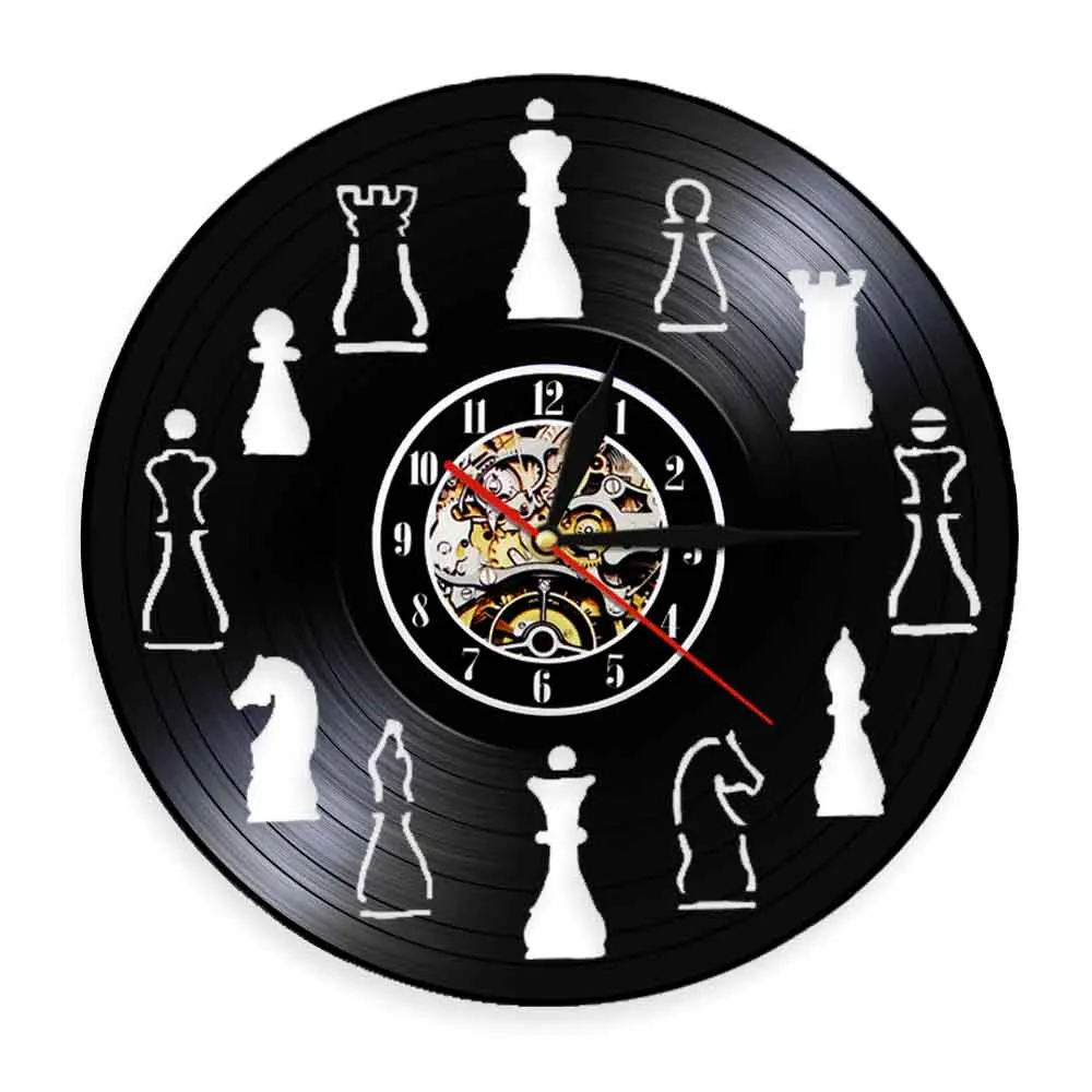 Chess Vinyl Album Re-purposed Record Clock Circular Layout Non-Ticking Silent Wall Clock Hanging Home Decor For Chess Fanatic