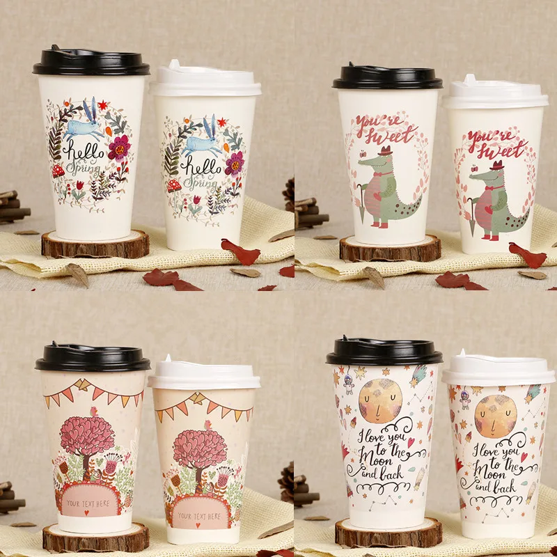 

50pcs High quality cartoon child birthday favor disposable coffee cups 500ml milk tea drinking paper cups packaging cup with lid