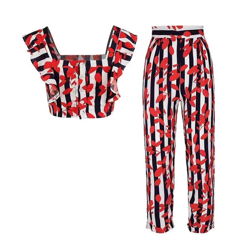 

VGH Print Two Piece Set For Women Square Collar Short Sleeve Short Tops High Waist Straight Pants Casual Sets Female 2021 Summer