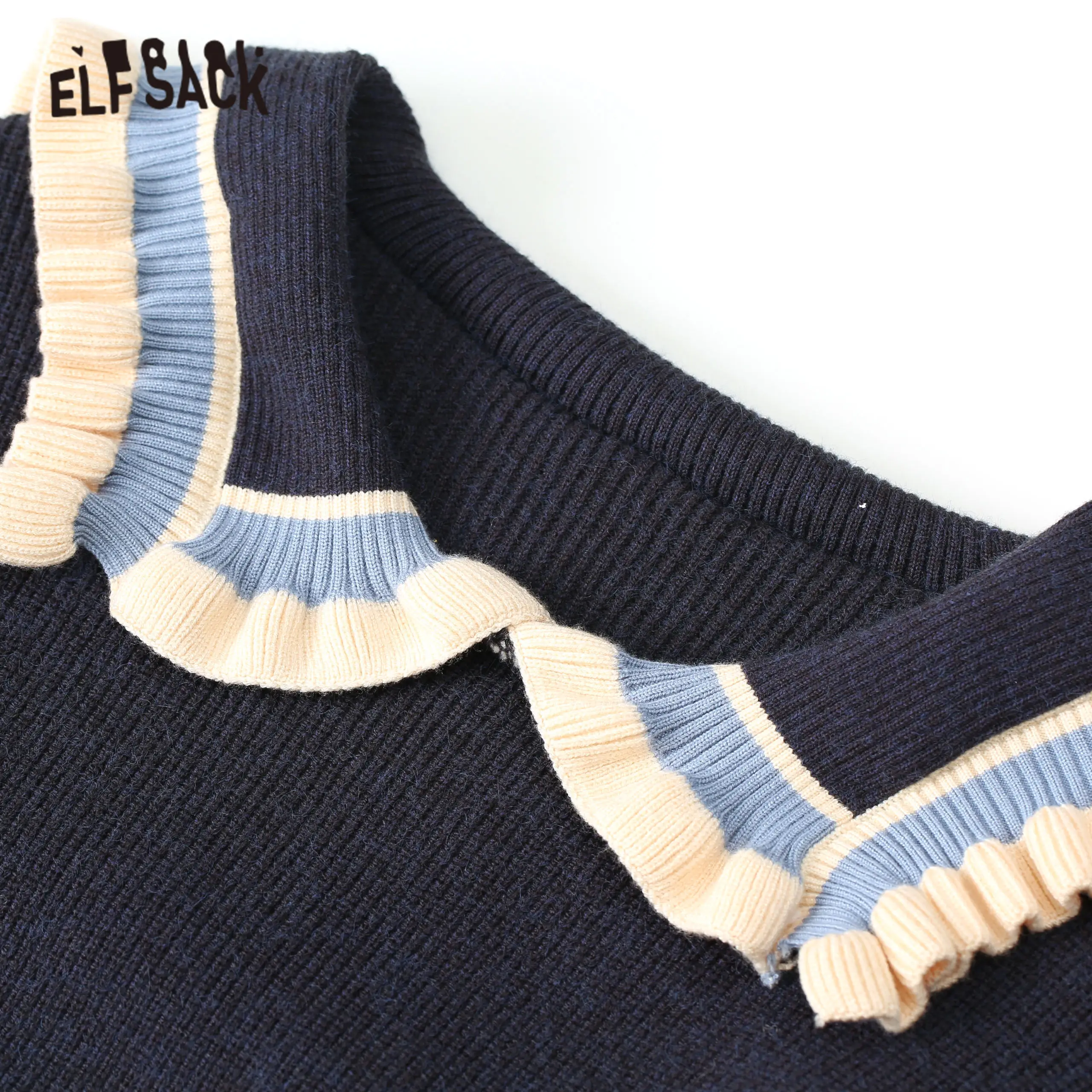Женское трикотажное платье ELFSACK черное однотонное с оборками в стиле пэчворк