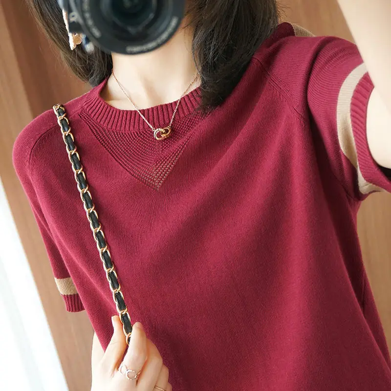 Женский трикотажный пуловер в полоску тонкая свободная хлопковая Футболка