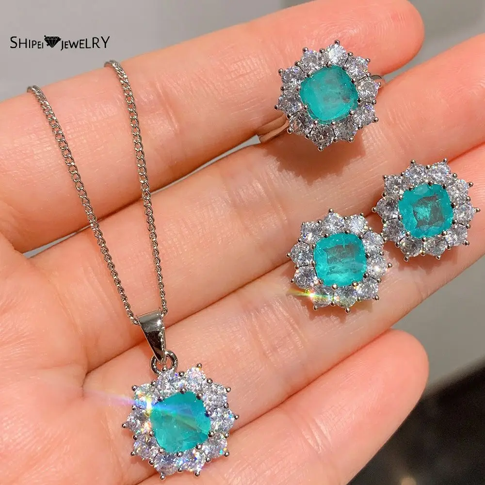 

Shipei 925 Sterling Silver Paraiba Tourmaline Created Moissanite Gemstone Rings/Earrings/Pendant/Necklace Wedding Jewelry Sets