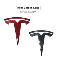 2pcs real carbon fiber logo for tesla model 3y replace for original emblems front rear trunk diy t letter strickers 2017 2021