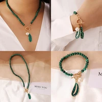 accessories wholesale malachite alloy leaves pearl drop oil women necklace new retro fashion green color stone pendant necklace