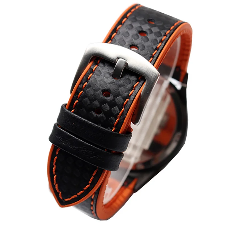 BEAFIRY 18mm 20mm 22mm 24mm Orange Stitching Carbon Fiber+silicone Black Genuine Leather red blue orange Watch Band Strap sport