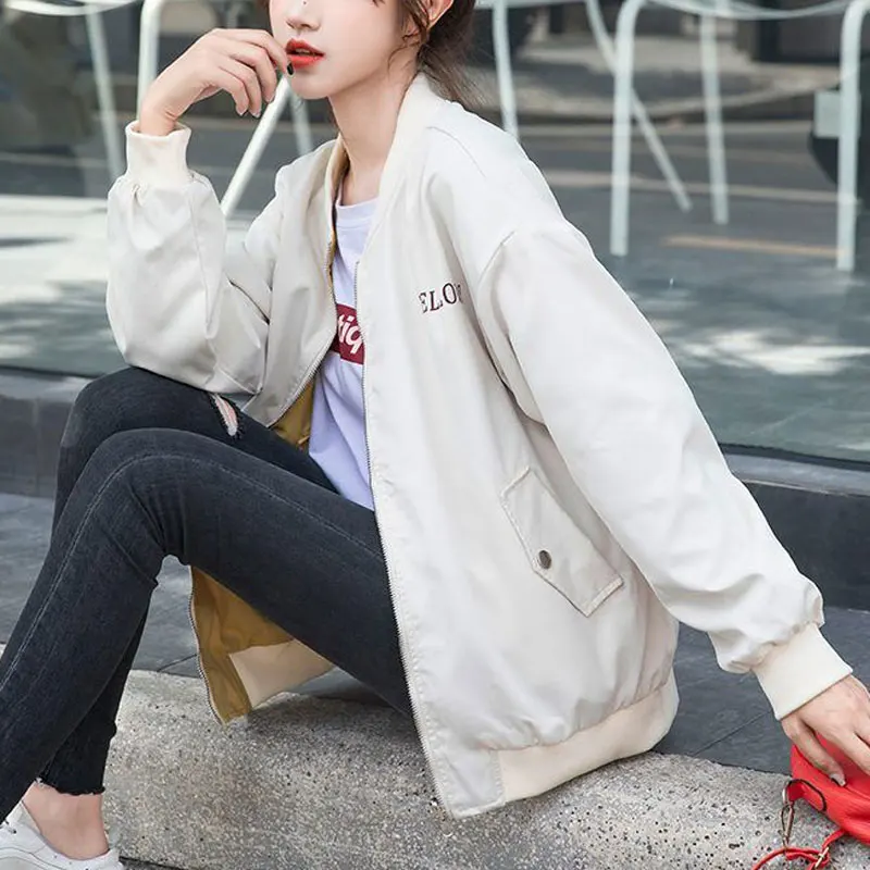 

Harajuku Double-Sided Baseball Jackets Student 2021 New Korean Letter Solid Overcoat Streetwear Long Sleeve Bomber Coat Womens