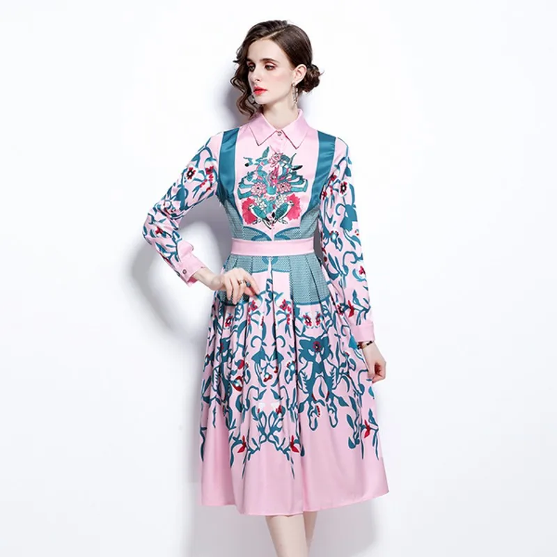 

Женское элегантное платье с цветочным принтом, Повседневное платье с длинным рукавом и отложным воротником, лето 2021