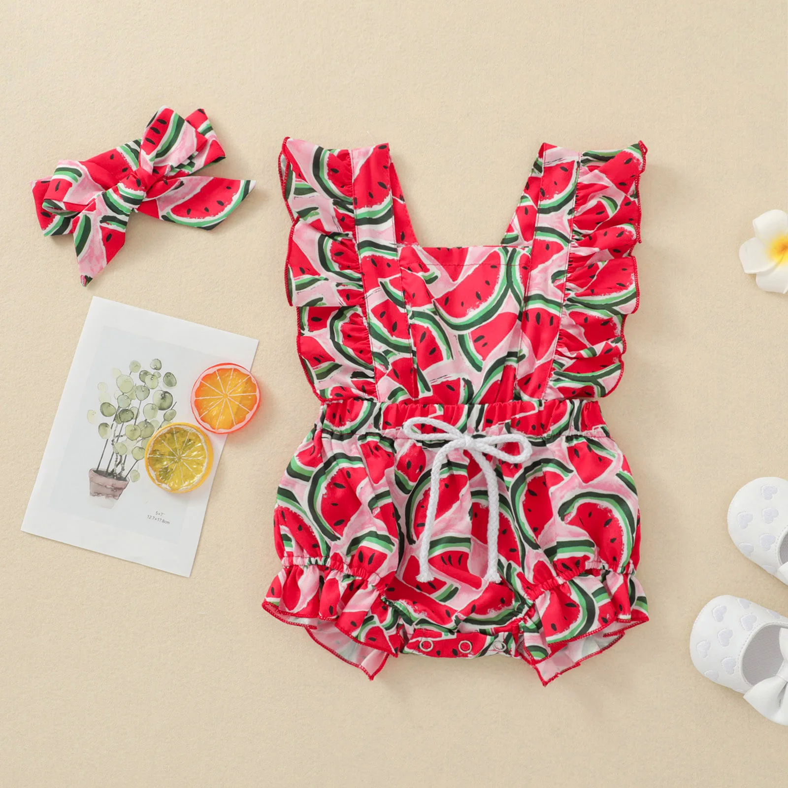 

0-24 Months Baby 2pcs Summer Clothing For Girls Watermelon/Leopard Print Square Collar Flying Sleeves Waistband Tie + Hair Tie