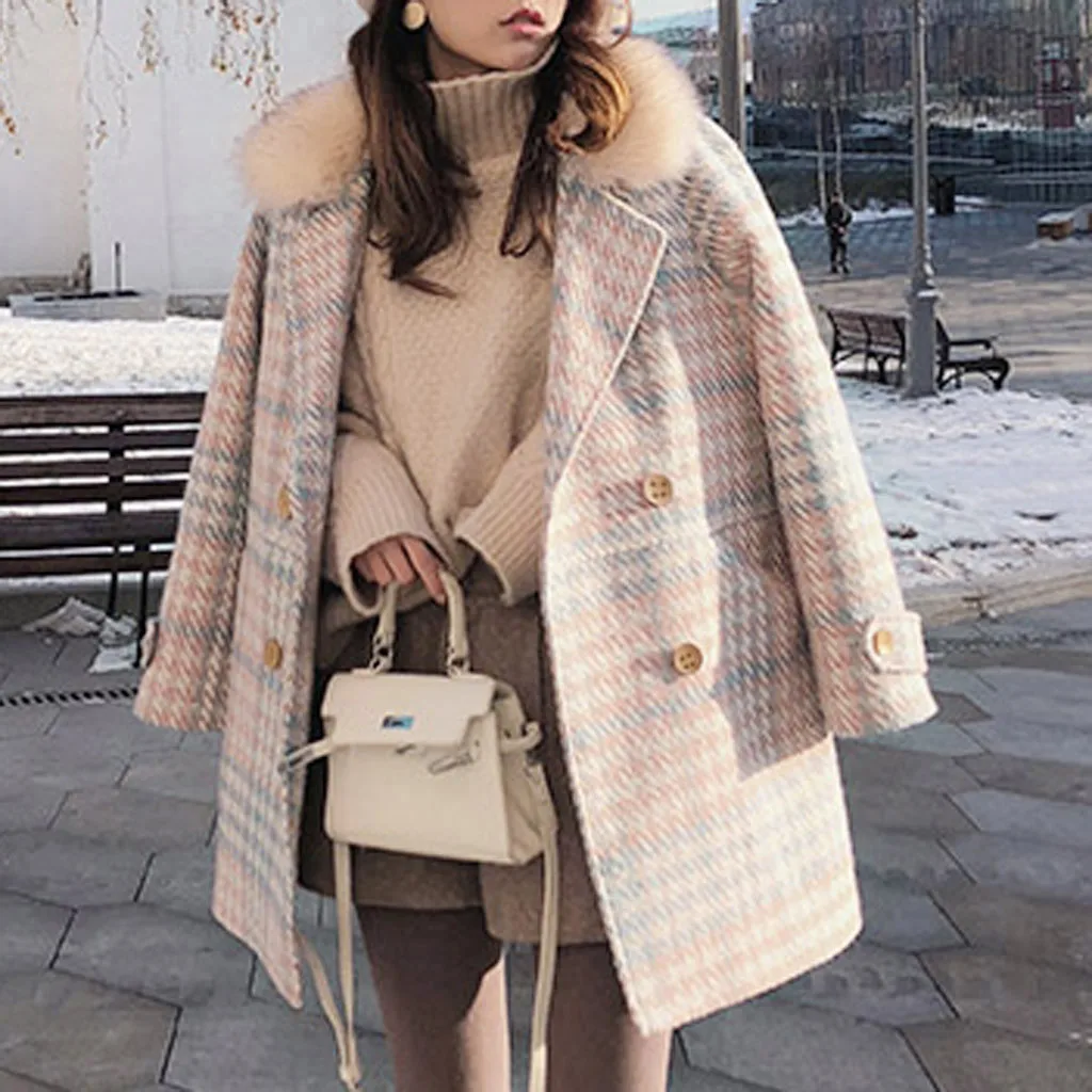 Длинное двубортное шерстяное пальто для женщин, теплая одежда с воротником из искусственного меха, элегантная Зимняя парка, пальто для женщин, зима
