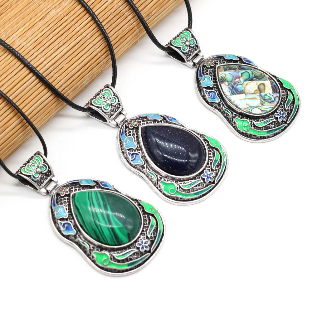 

Natural Stone Pendant Necklace Exquisite Retro Pattern Rose Quartz Abalone Shell Opal Stone Charms Wax Rope for Jewelry Gift