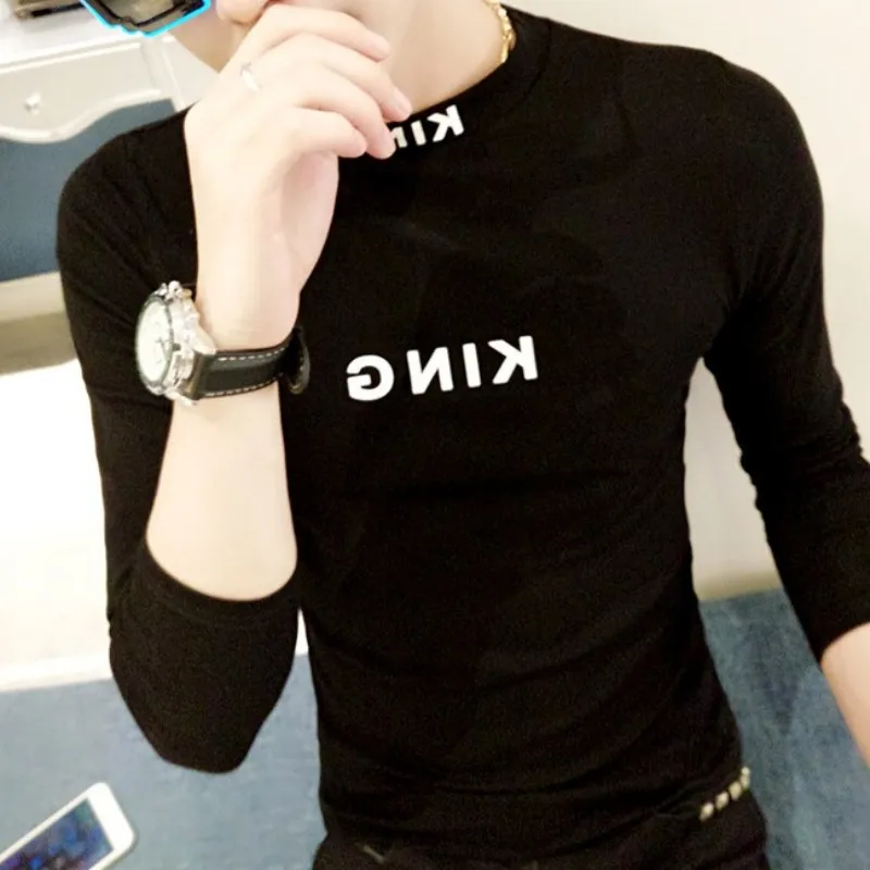 

Fashion Mens Slim Fit Turtleneck T-shirt Colors Letters Printed Long Sleeve Autumn Fleece Lining Tops Pullover Skinny T-shirts