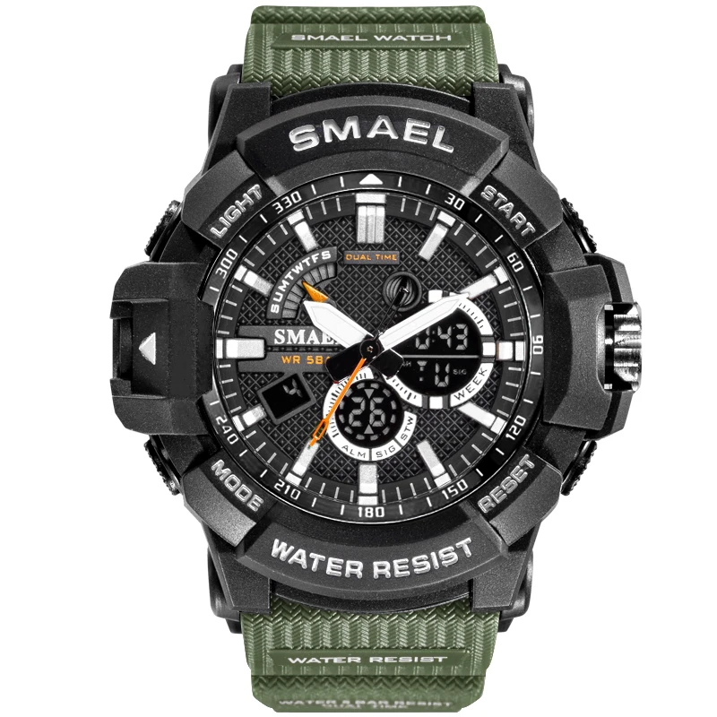 army green SMAEL мужские часы Топ бренд Модные Спортивные кварцевые светодиодный цифровые часы 50 м водонепроницаемые наручные мужские часы Relogio Masculino - Цвет: army green