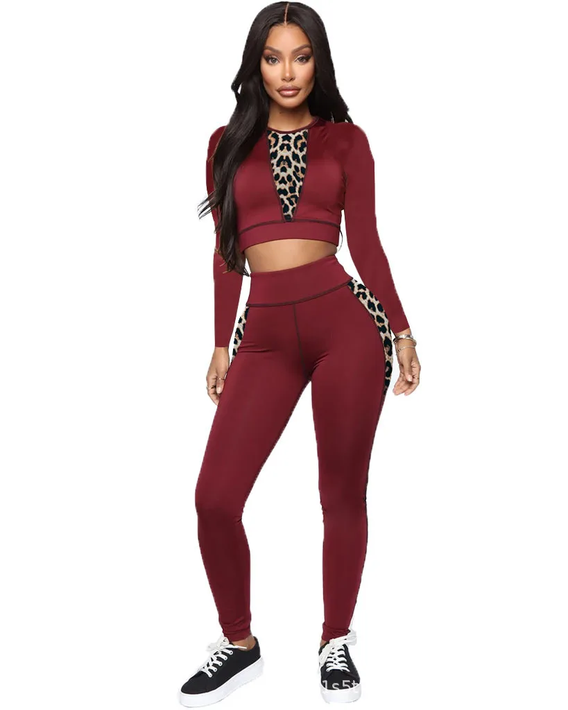 

FNOCE Cross-border Foreign Trade Women's spring And Autumn Hot Sale Fashion Casual Leopard Print Stitching Two-piece Suit