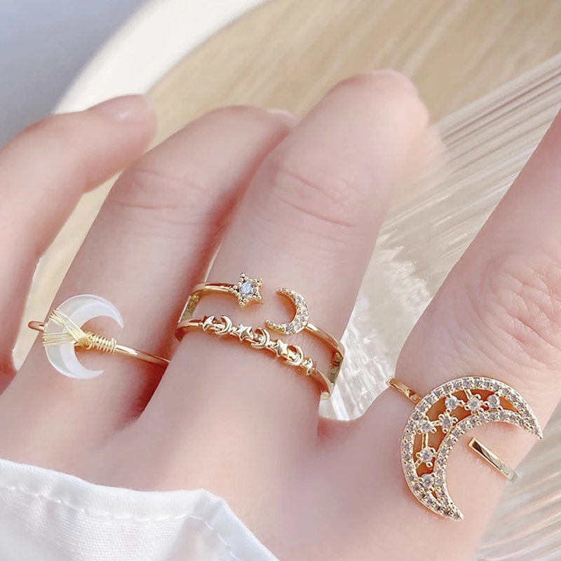 

Luxury High Quality 14k Real Gold Temperament Moon Rings for Women Jewelry Adjustable Open Design Micro Inlay Zircon Party Gift