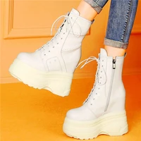 punk party pumps 14cm huge high heel boots womens genuine cow leather platform wedge ankle boots creepers nightclub lace up