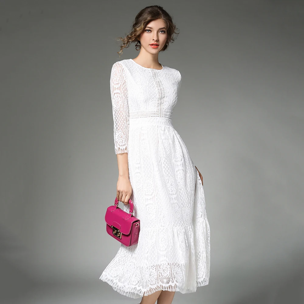 

White Lace Dresses Women 2018 Hollow Out High Waist Vestido Mujer O-Neck Patchwork Dress Feminine Plus Size 3/4 Sleeve Robe N618