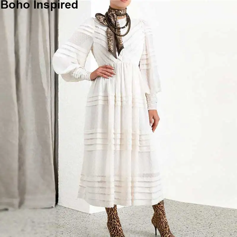Богемный Вдохновленный белый Флокированный горошек длинное платье для женщин 2019
