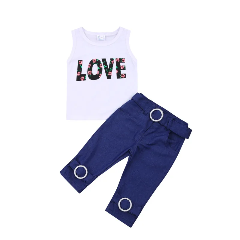 

1-6T Kids Baby Girls Fashion 2-piece Outfit Baby Girl Sleeveless Letter Pattern Round Neck Tank Top + Belted Pants with Pocket