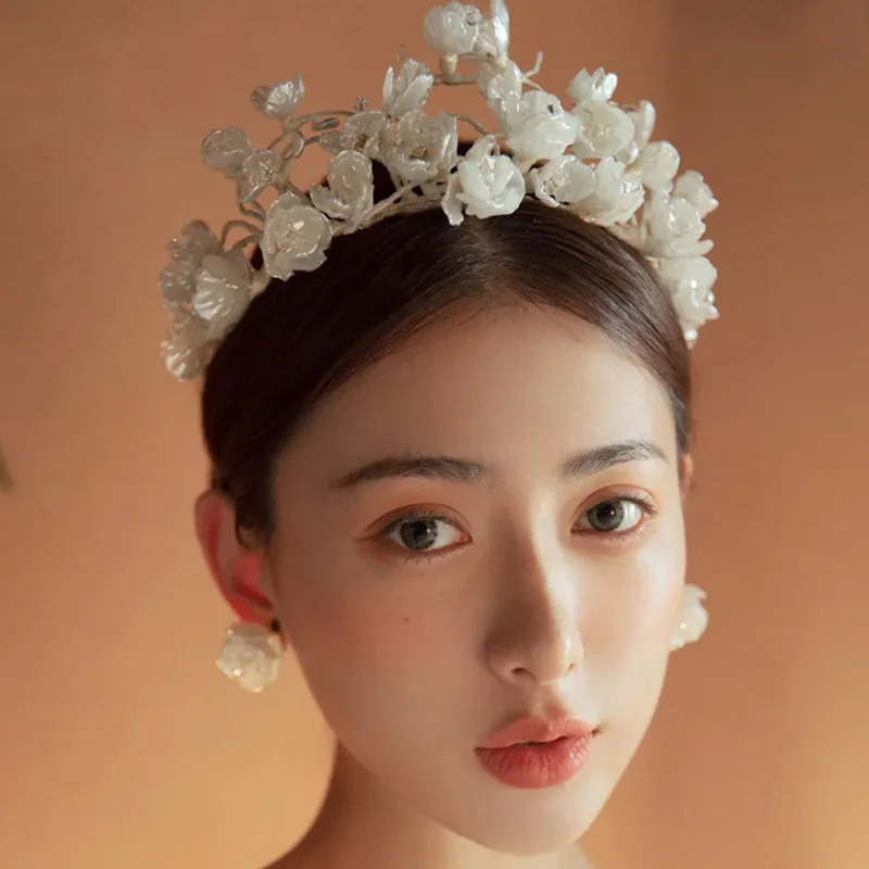 

White Flower Tiara Diadema Headbands Bridal Headwear Crown Wedding Tiaras Jewelry Customized Individual Pearls Hair Ornaments