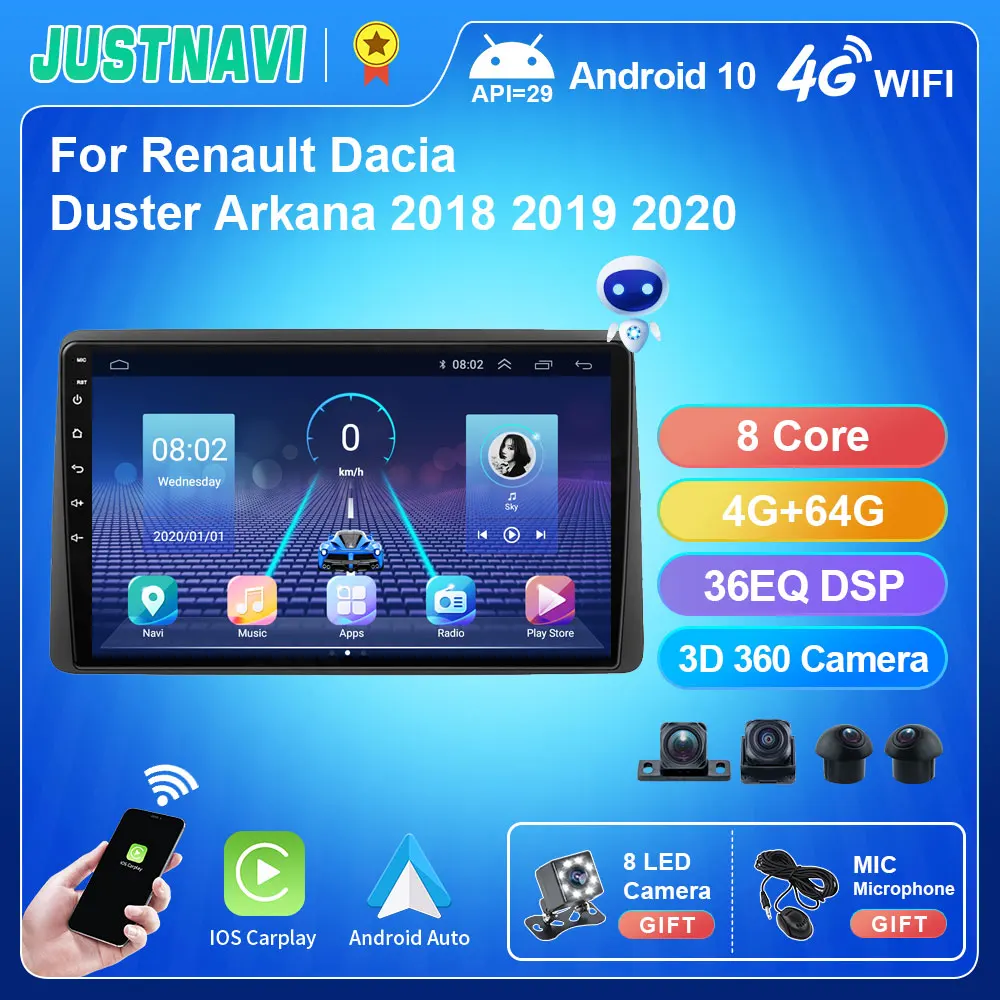 JUSTNAVI QT5 Android 10 0 для Renault Duster HM 2 II 2020 - 2021 Arkana 1 I 2019 Carplay WIFI GPS 4G 64G навигация din |