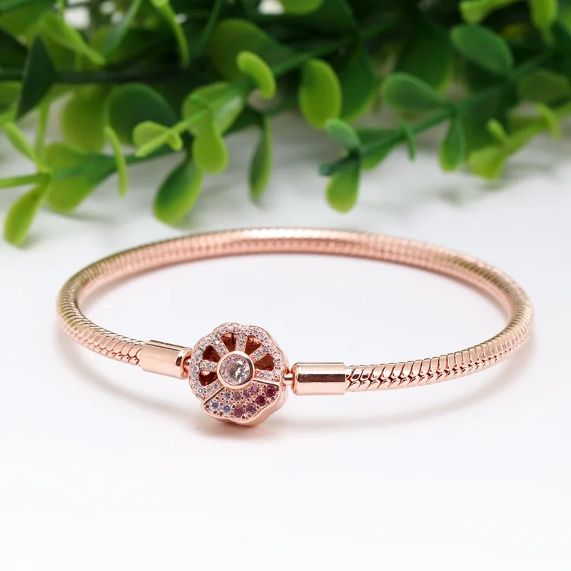 

New Original 925 Sterling Silver Charms Bracelet Pink Rose Color Fan Hard Snake Chain Basic Bracelet Fit Pan Women DIY Jewelry