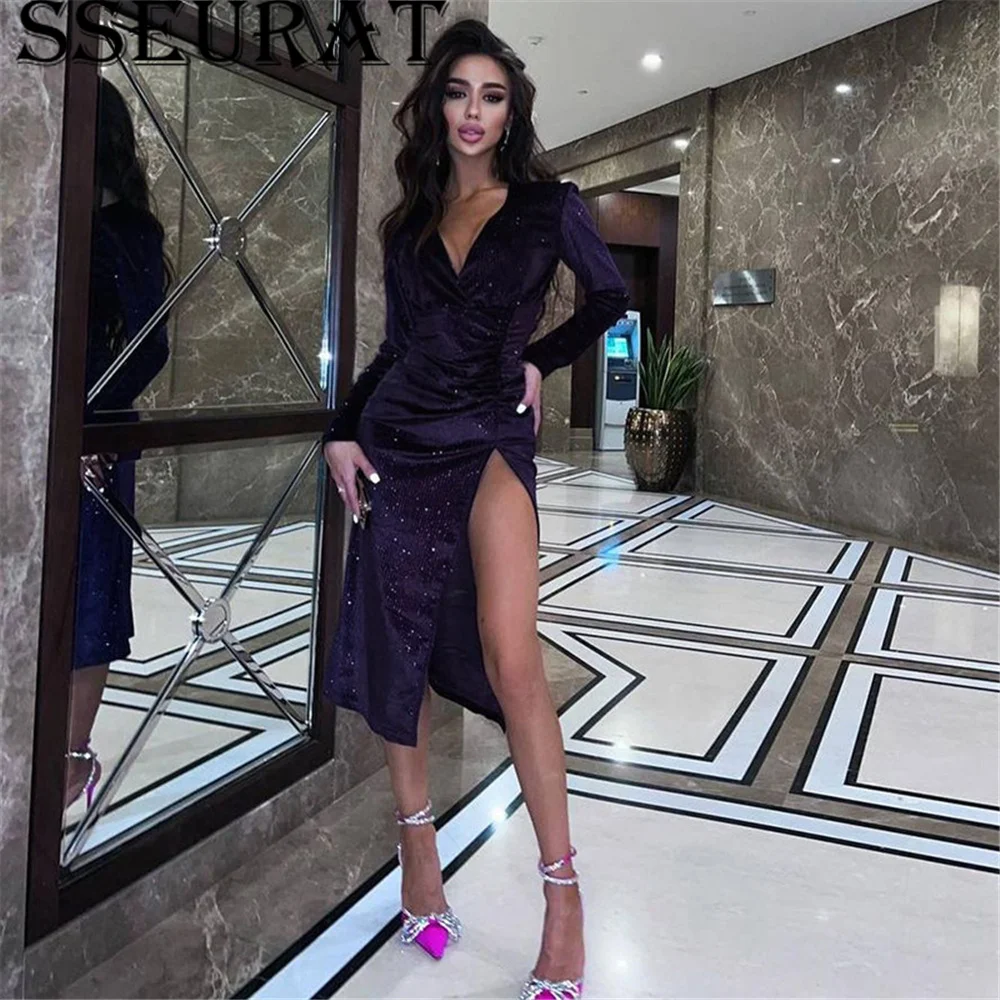 

Женское бархатное платье SSEURAT, однотонное элегантное облегающее платье с разрезом, подолом и рюшами, весна-осень