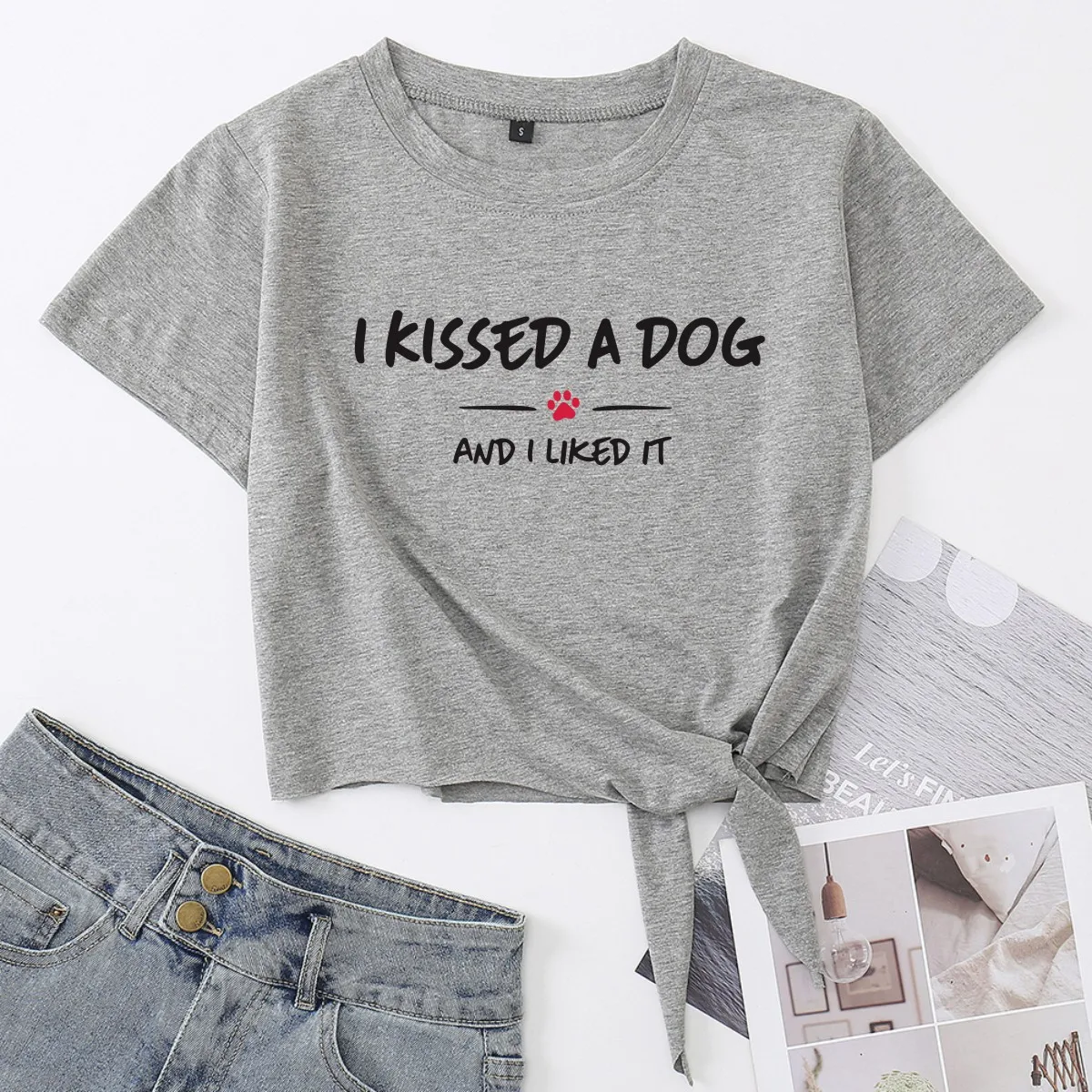 

I Kissed A Dog and I Liked It Knotted Crop Top Shirt Women's Summer Short Sleeve Cotton T-Shirt Cropped Tops Tee Front Tie Knot
