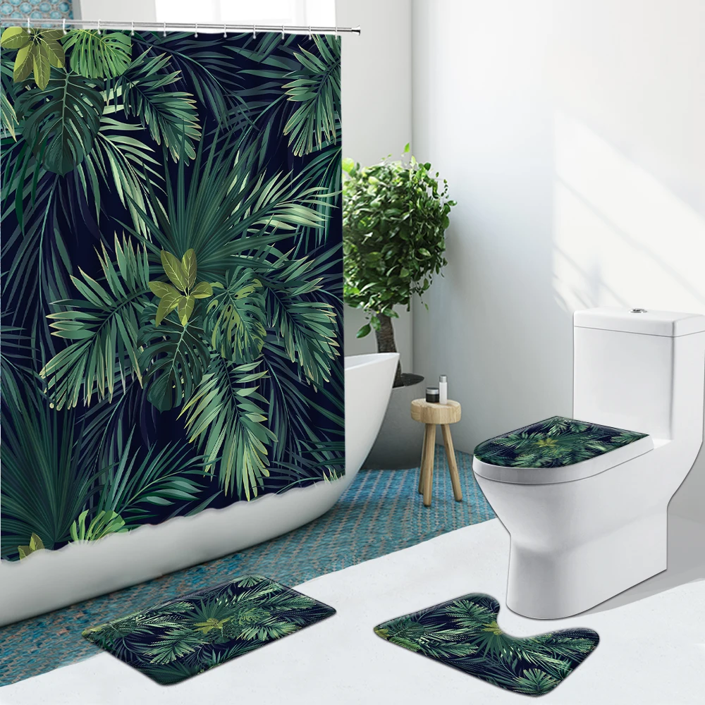 

Tropical Plant Palm Leaf Flower Flamingo Shower Curtain Fabric Bathroom Set Non-Slip Rugs Flannel Decor Toilet Carpet With Hooks