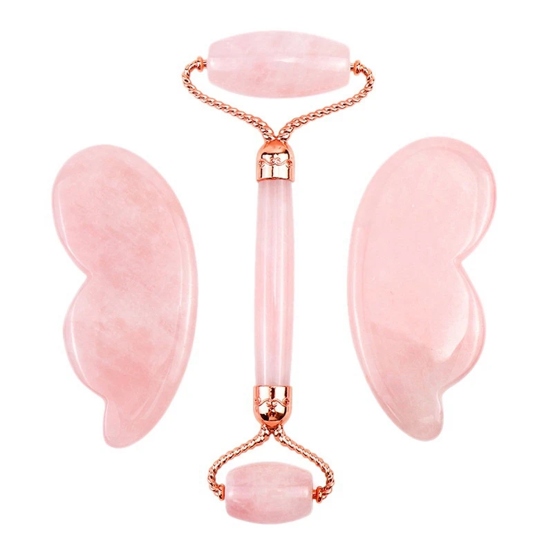 

3Pcs/Lot Facial Massage Roller Guasha Board Set Face Lifting Massage Rose Quartz Massage Roller