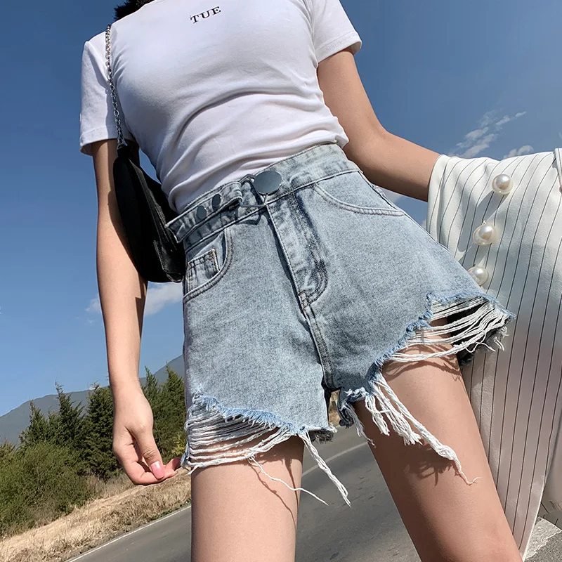 

Summer new Fashion High waist denim shorts female Loose Korean style Women Hole Burrs Casual Buttoned Wide leg straight shorts