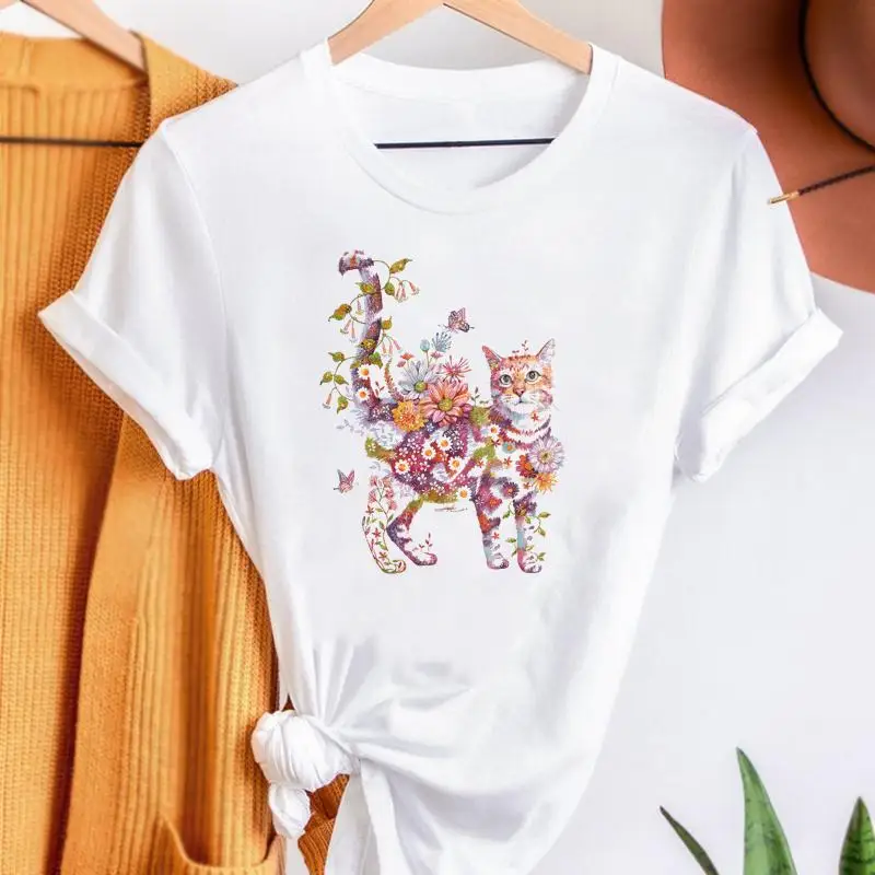 

Футболка женская летняя с коротким рукавом и графическим принтом, модный топ с мультипликационным принтом кота и цветов для домашних живот...