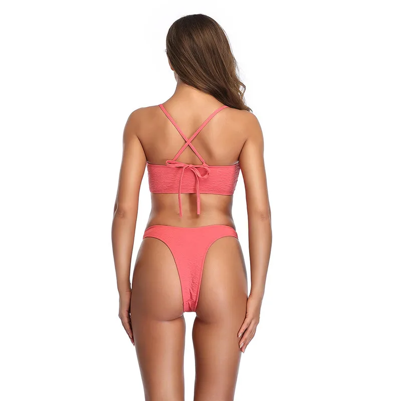 

2021 new special fabric pure color sling sexy cross lace split bikini women