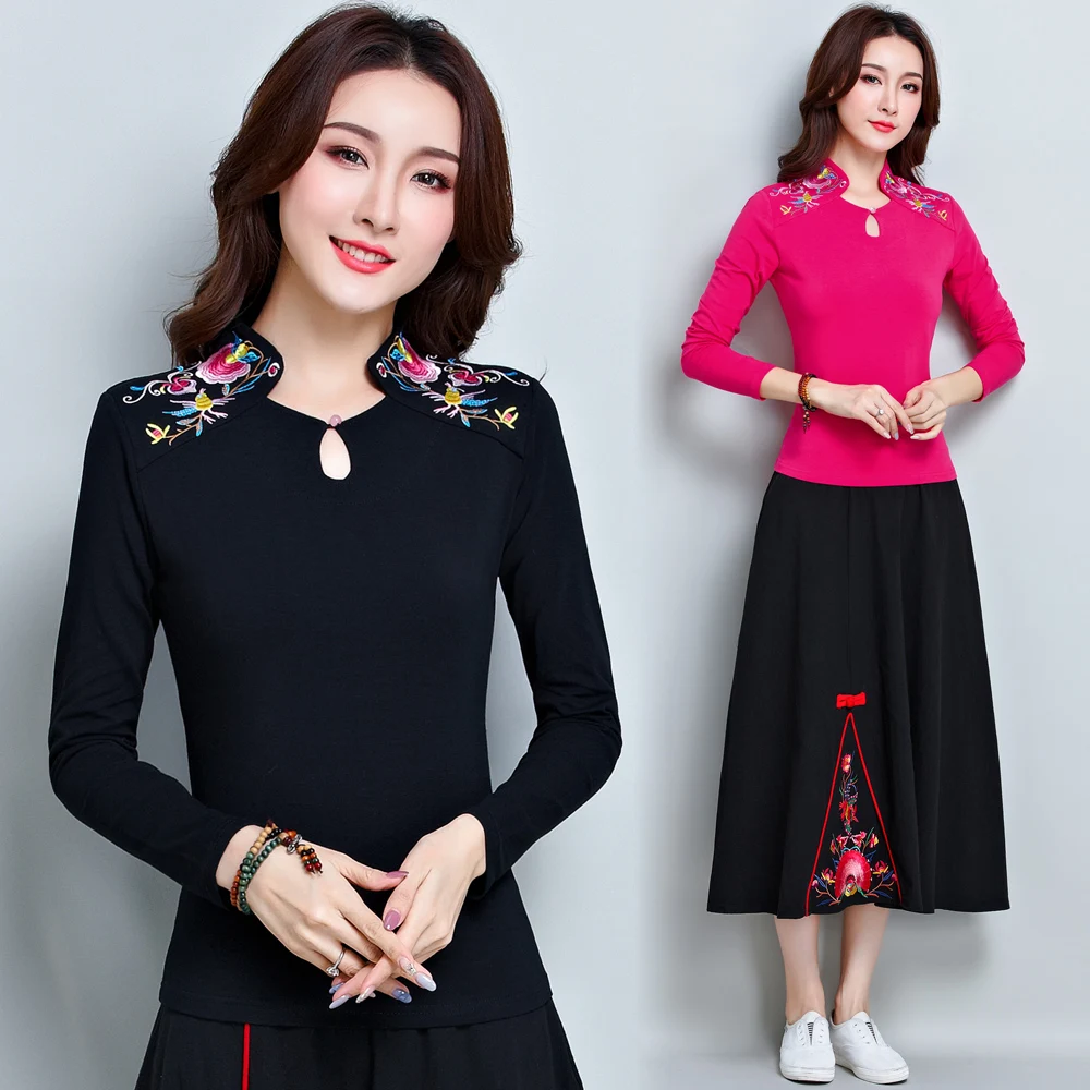 Женская футболка с вышивкой винтажная Этническая в китайском стиле весна осень