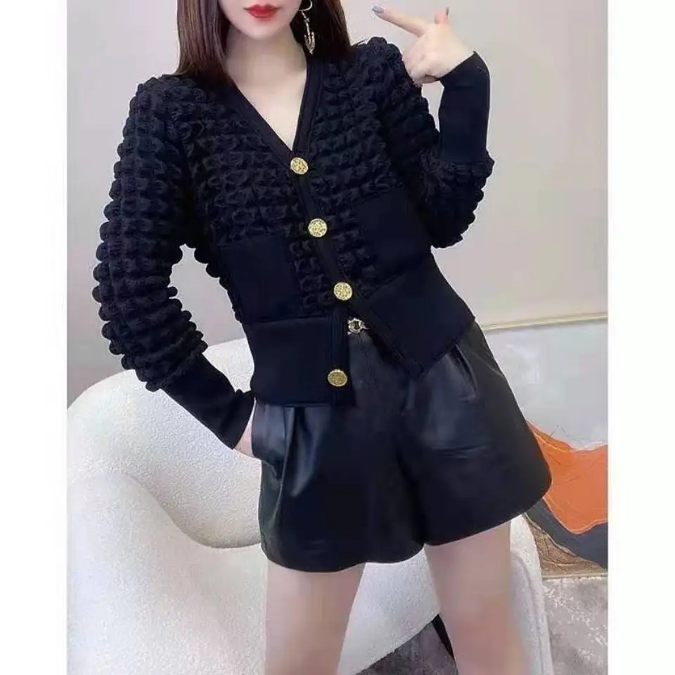 

2021 Autumn New Bubble Stitching Long Sleeve Stretch Coat Slimming and Fashionable Button Top Women