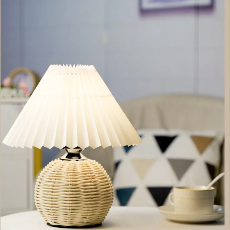 

Bedside Decoration Desk Lamp Vintage Korean Rattan Table Lamps For Bedroom Living Room Light Home Deco USB Creative Pleats Lamp