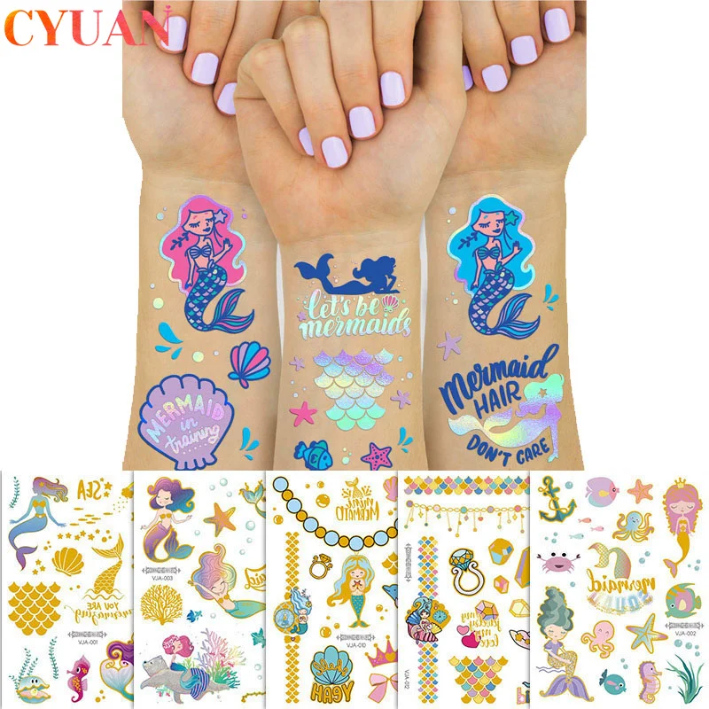

Mermaid Bronzing Cartoon Glitter Tattoo Stickers Metallic Gold Body Art Temporary Tattoos Children Tattoos Kids Party Supplies