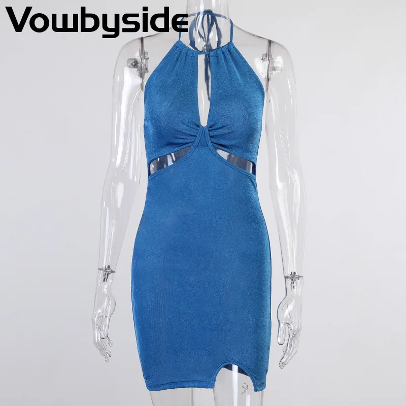 

Summer Women's Sexy Bag Hip Backless Halter Lace Up Solid Color Dress Above Knee Mini Dress