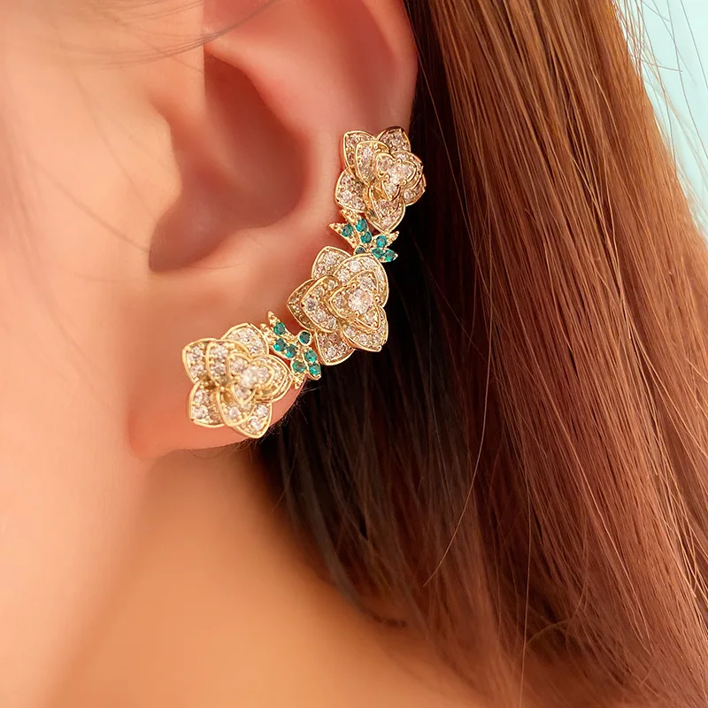 

Three-dimensional rose camellia earrings elegant dinner three-dimensional flowers inlaid with zircon earrings 925 silver needles
